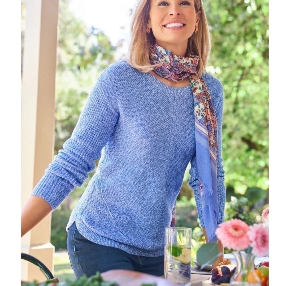 Talbots Shaker Stitch Sweater Pima Cotton Marled Blue Crew Neck Size Small